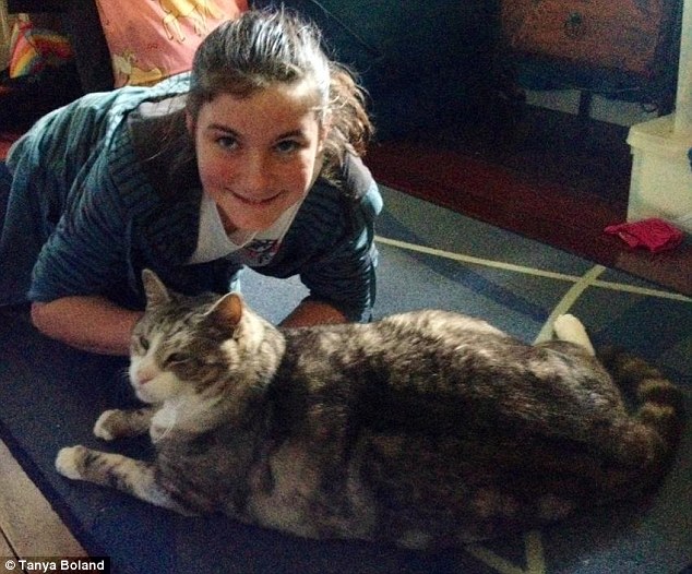 The nine-year-old cat is being cared for by Tanya Boland and her daughter Aislynne (pictured) for a month. Tanya is a vet nurse form the RSPCA and has put him on a special diet