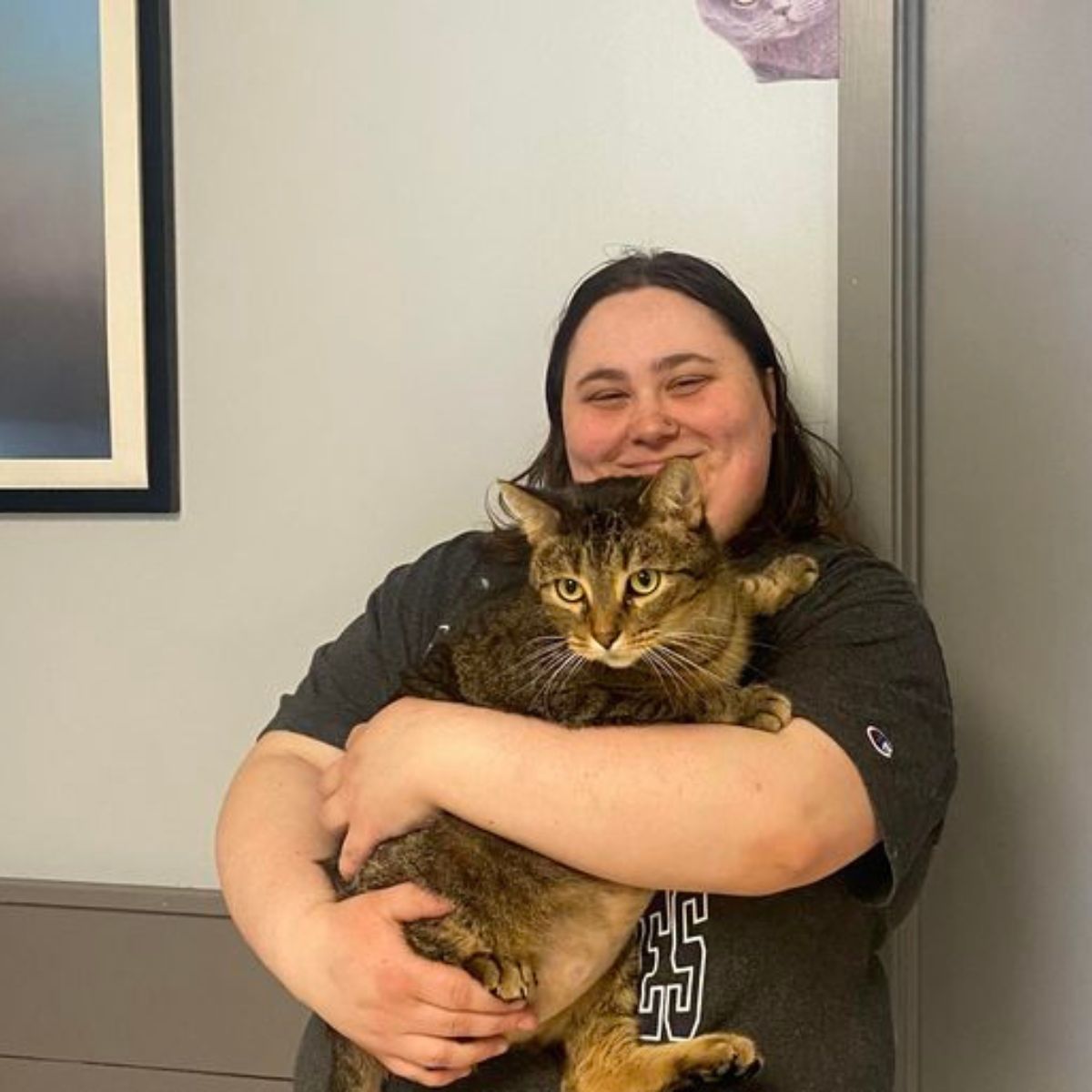 fat woman and cat