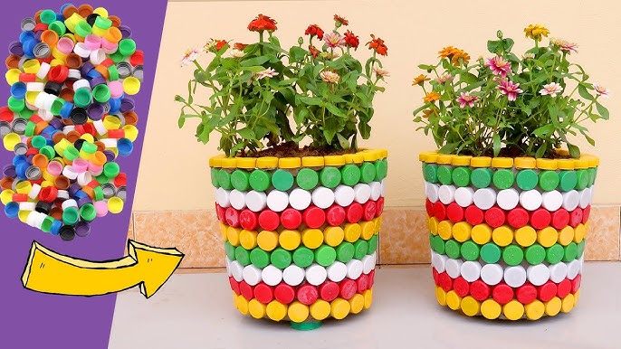 20 great ıdeas of recƴclıng plastıc bottle caps to make flower pot