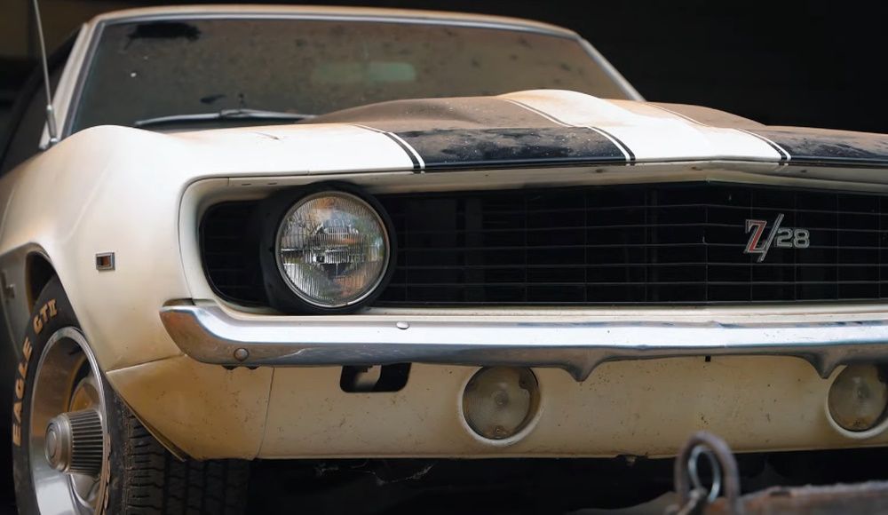 A close-up of the front end of a 1969 Chevy Camaro Z28