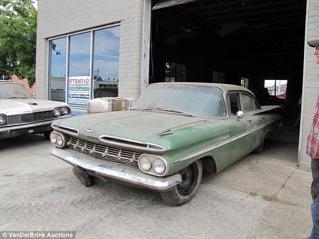 Dusted: The collection includes a startling number of new old stock cars such as this 1959 Chevrolet Biscayne - time-capsules that were never sold or registered as well as trade ins that Lambrecht and his Mildred decided to keep