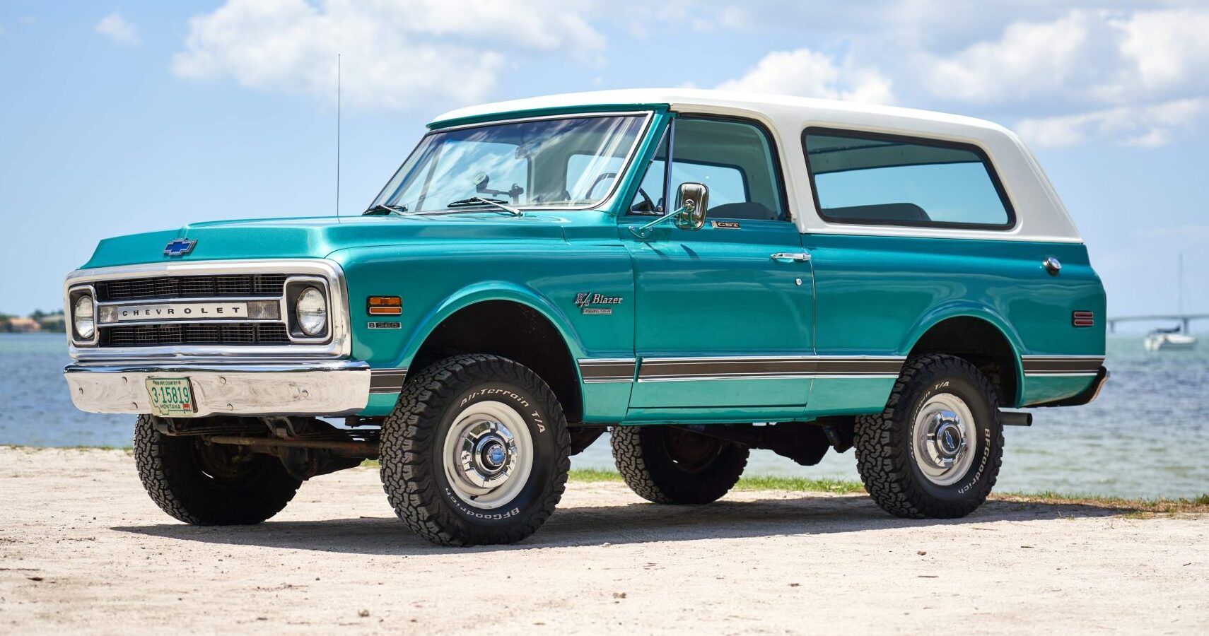 A blue 1970 Chevrolet K5 Blazer parked